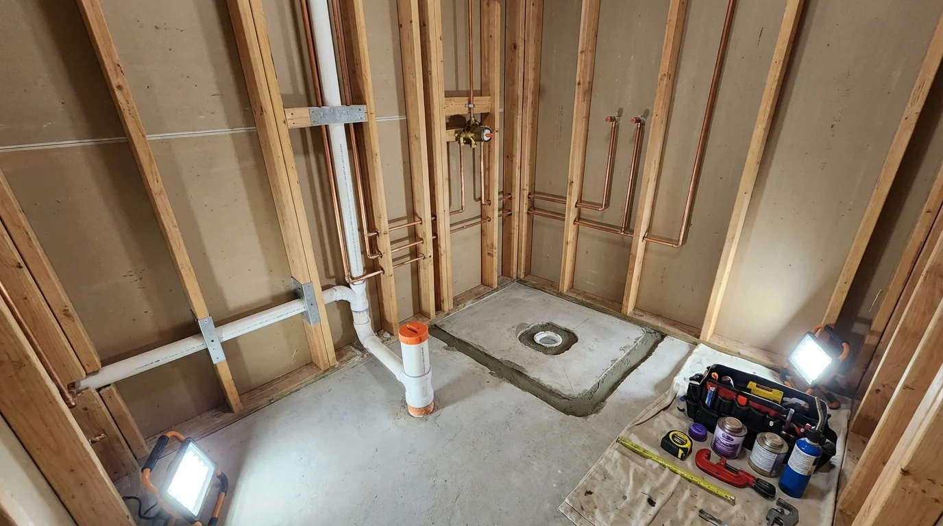 Bathroom rough-in plumbing during remodel by Johns Plumbing LLC in Kenilworth