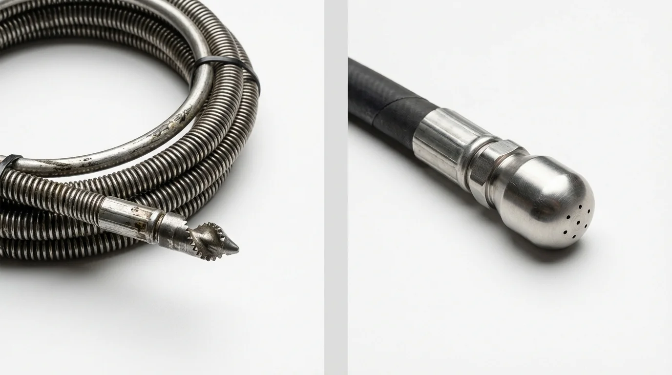 Drain snake cable and hydro jetting nozzle used for drain cleaning in Kenilworth, NJ