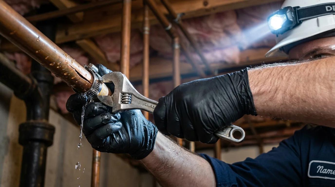 Emergency pipe clamp repair being performed by a Johns Plumbing LLC plumber in Kenilworth