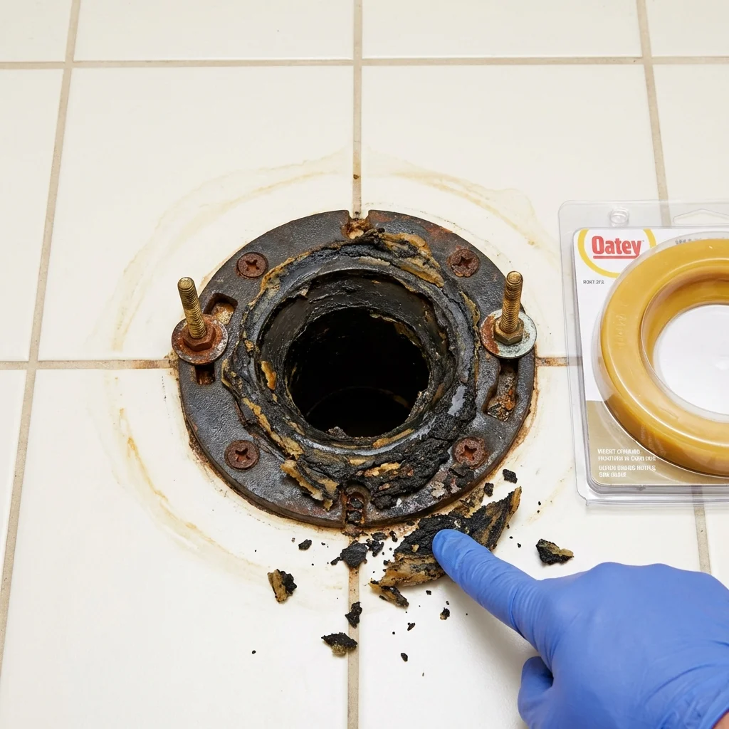 Failed wax ring showing water seepage at the base of a toilet in a Kenilworth, NJ home