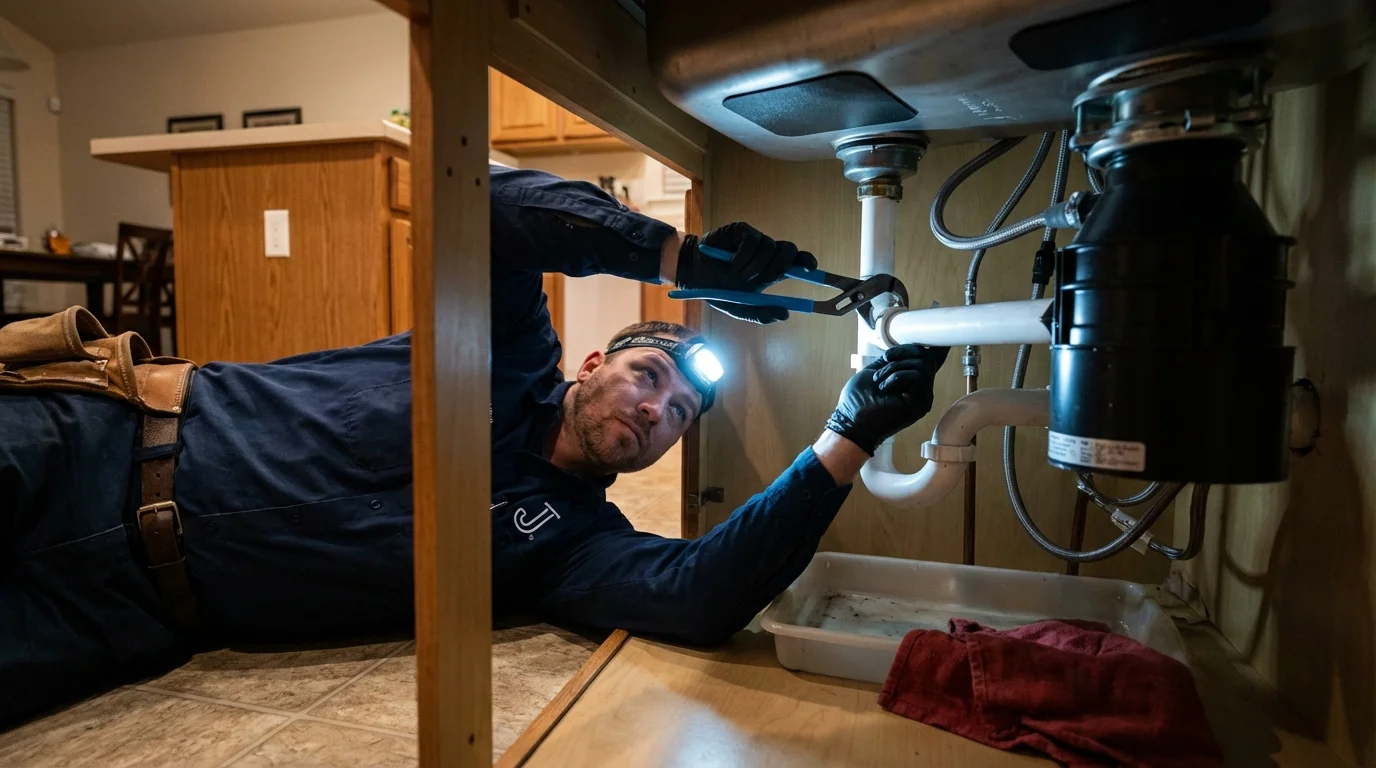 P-trap and supply line connections under a kitchen sink showing a common leak point in Kenilworth, NJ